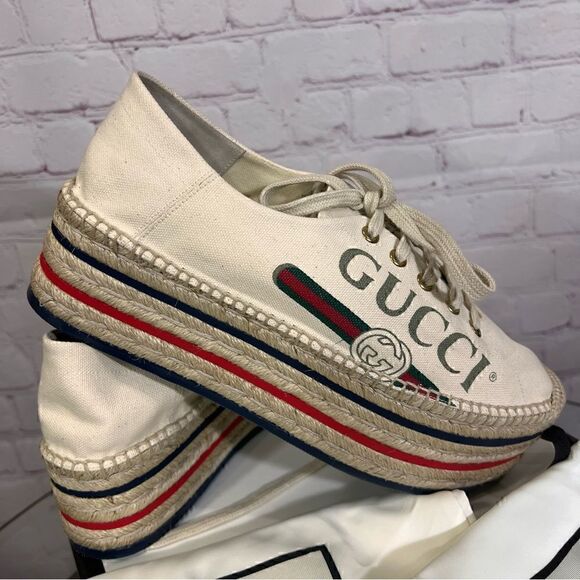 GUCCI Canvas Logo Lace-Up Platform Espadrilles 40 Greggio Grege - Picture 3 of 9